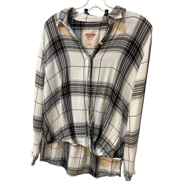 Missimo Black/White Plaid button up Gathered front low tail size LARGE shirt - Picture 2 of 7